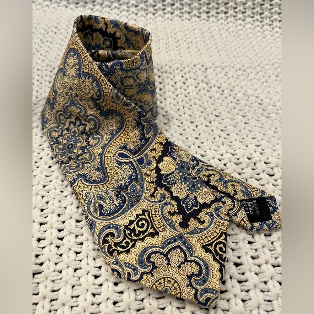 Trussardi Men’s Italian 100% Silk Neck Tie, Yellow & Blue Paisley; 58" x 4"